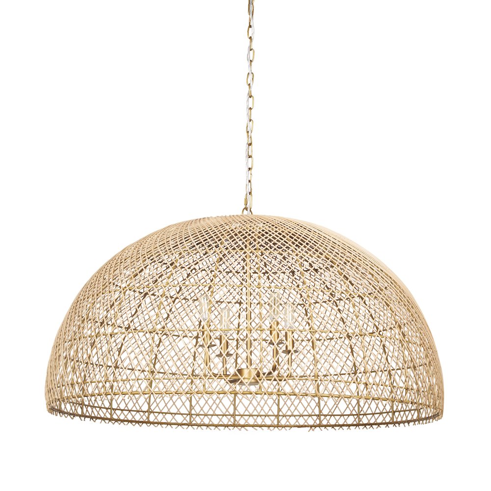 4-Light Natural Woven Rattan Dome Chandelier. Picture 1