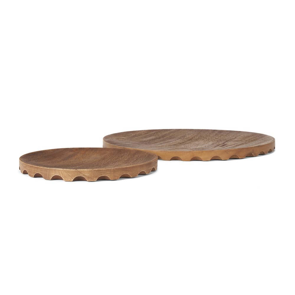 Waverly Round Light Brown Wood Scalloped Edged Trays. Picture 1