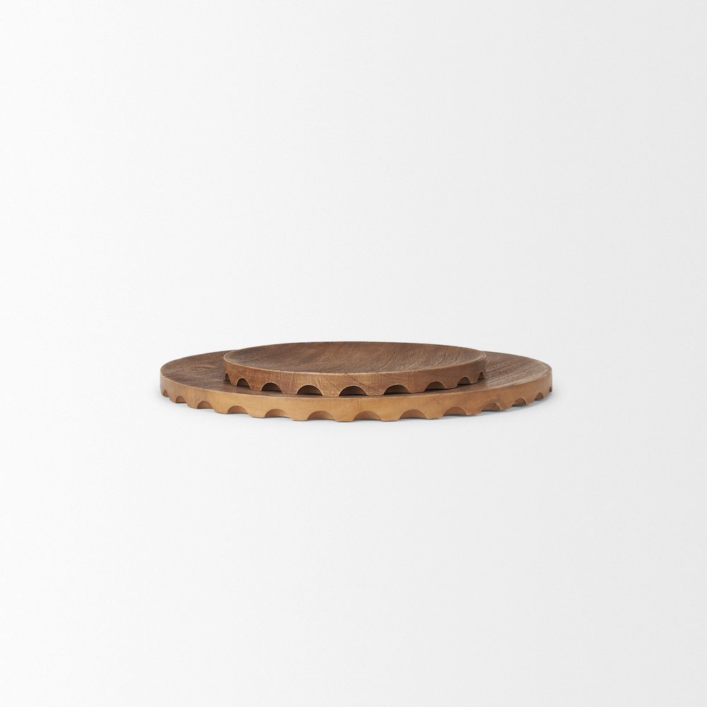 Waverly Round Light Brown Wood Scalloped Edged Trays. Picture 5