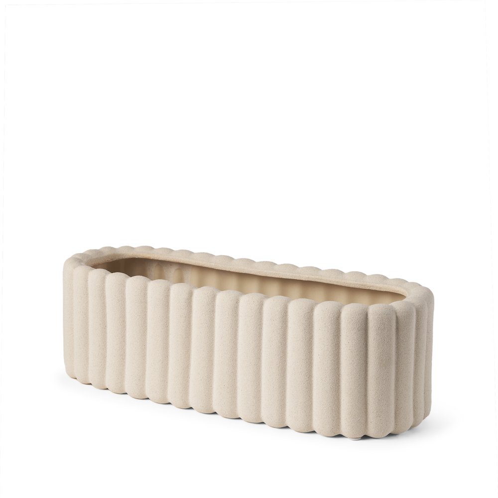 Mira Wide Textured Blush Beige Fluted Ceramic Vase. Picture 1