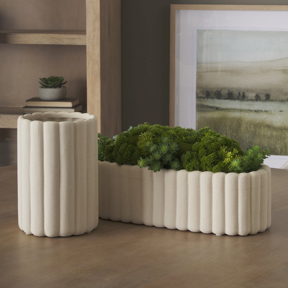 Mira Wide Textured Blush Beige Fluted Ceramic Vase. Picture 2