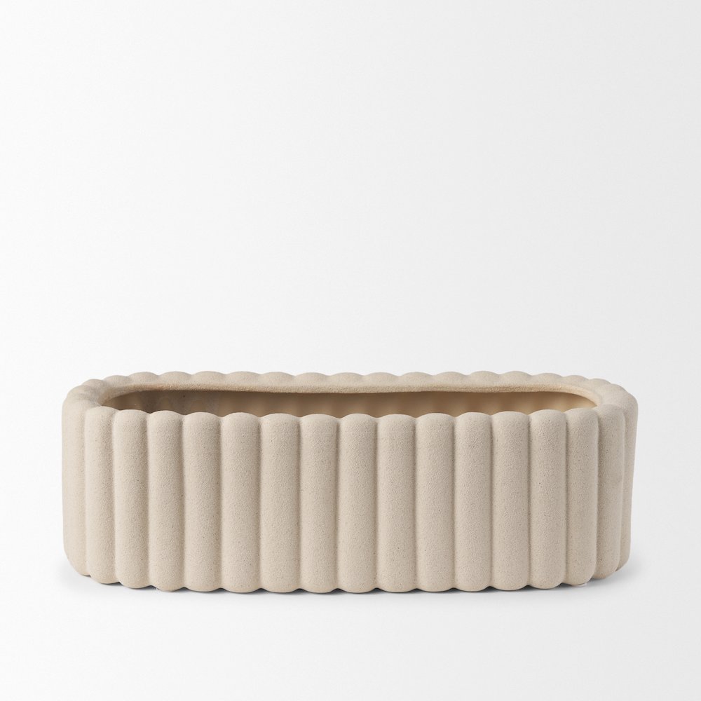 Mira Wide Textured Blush Beige Fluted Ceramic Vase. Picture 3