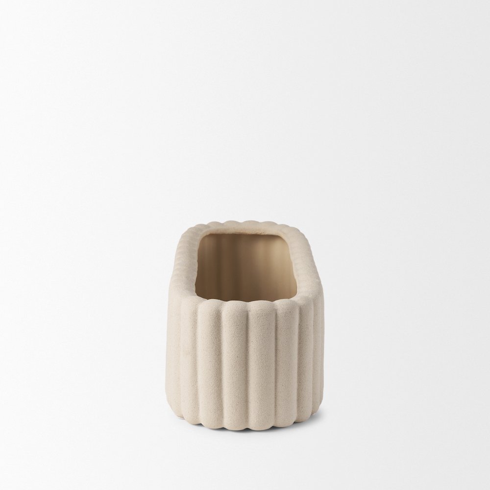 Mira Wide Textured Blush Beige Fluted Ceramic Vase. Picture 4