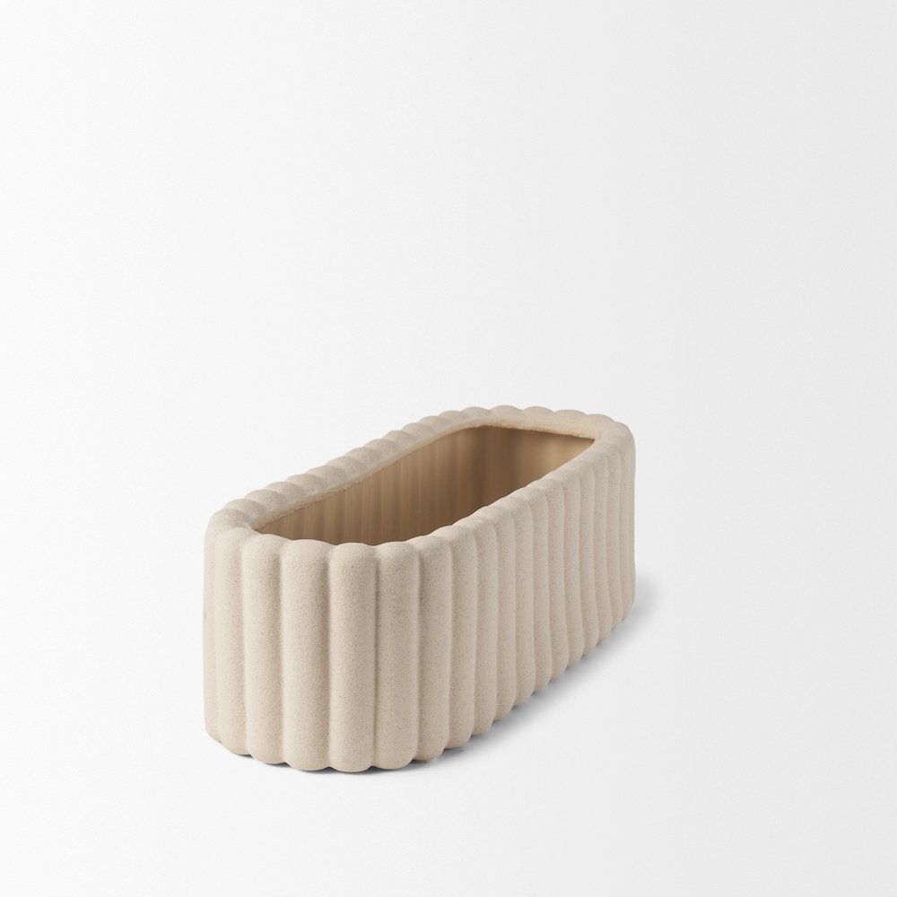 Mira Wide Textured Blush Beige Fluted Ceramic Vase. Picture 5