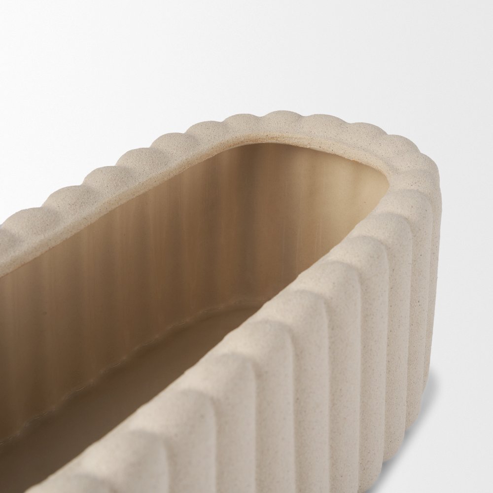 Mira Wide Textured Blush Beige Fluted Ceramic Vase. Picture 6