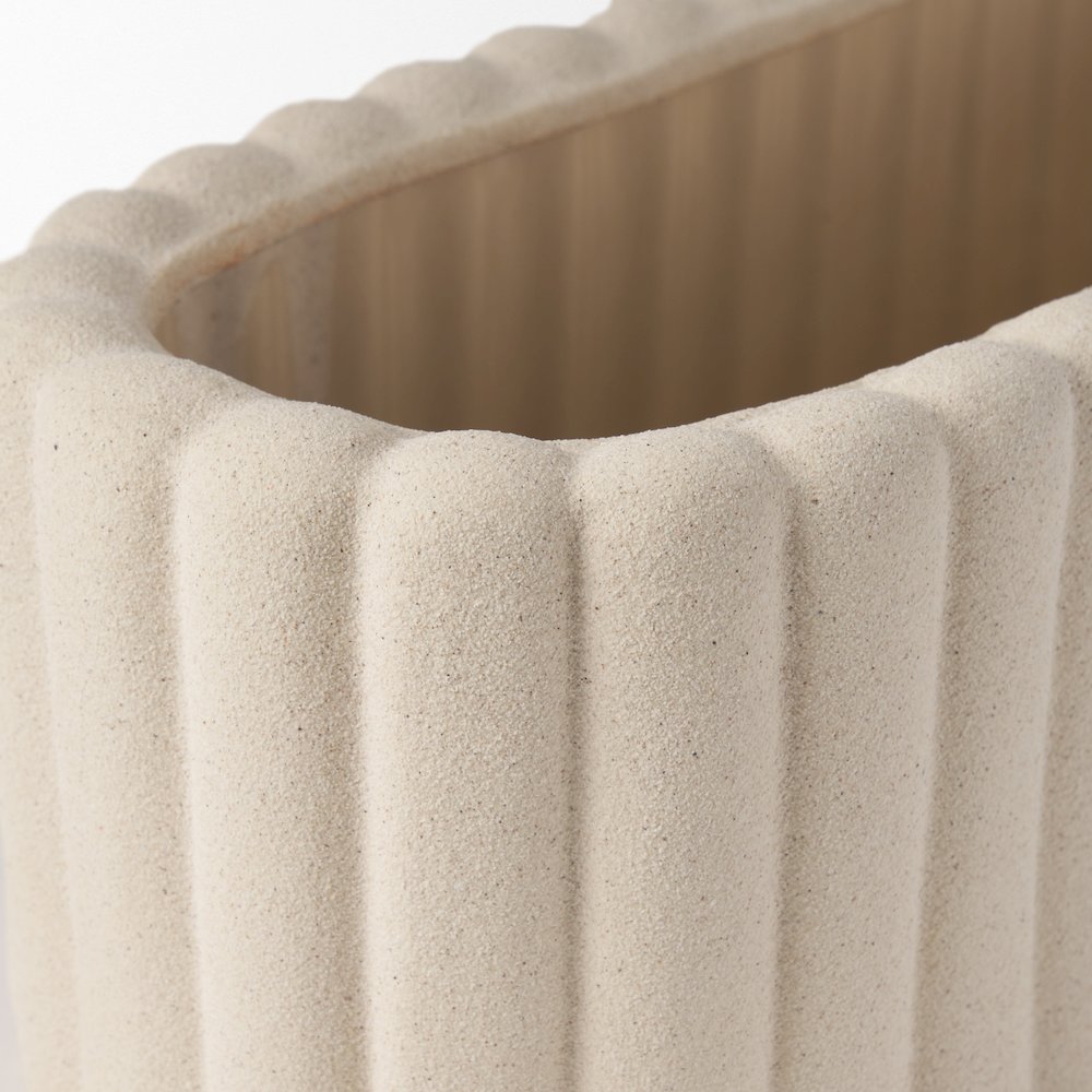 Mira Wide Textured Blush Beige Fluted Ceramic Vase. Picture 7