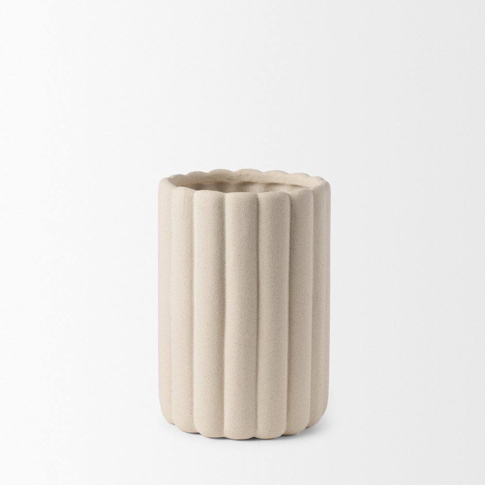 Mira Tall Textured Blush Beige Fluted Ceramic Vase. Picture 3