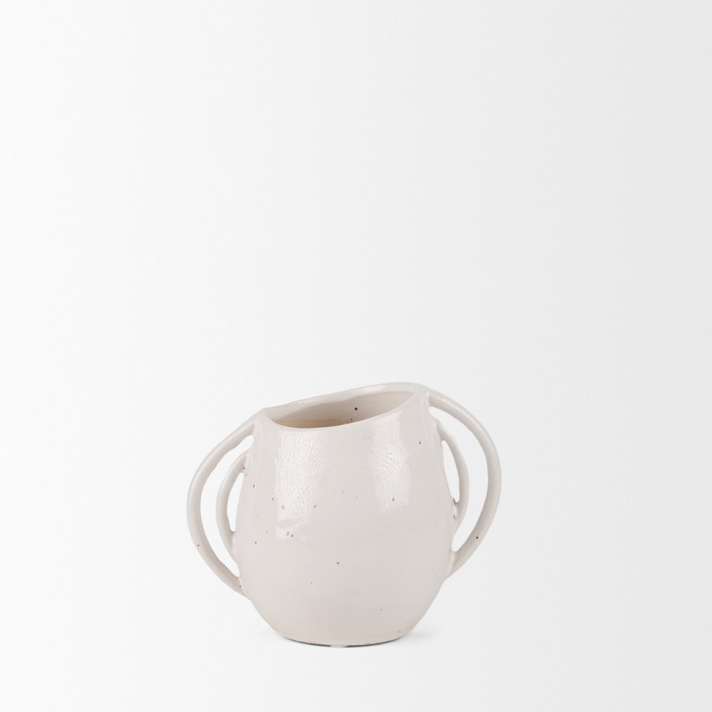 UrvShort Off White Speckled Asymmetrical Ceramic Vase. Picture 6
