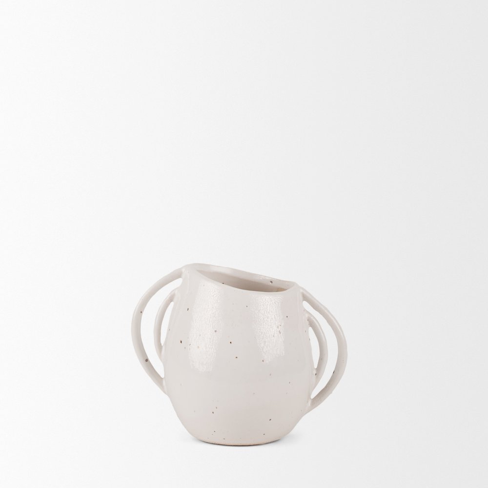 UrvShort Off White Speckled Asymmetrical Ceramic Vase. Picture 8