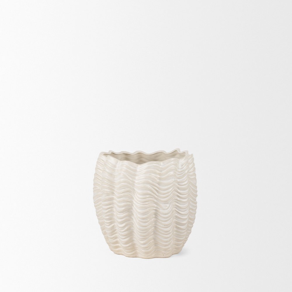 Velia Short Seashell Sculptural Cream Glazed Ceramic Vase. Picture 5