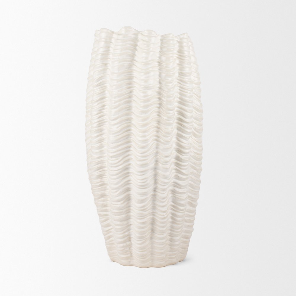 Velia Tall Seashell Sculptural Cream Glazed Ceramic Vase. Picture 4