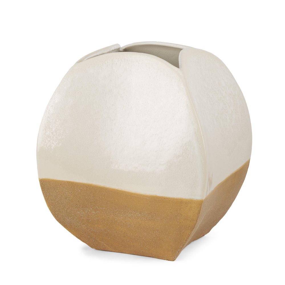 Vania Short Off White Tan Textured Ceramic Vase. Picture 1