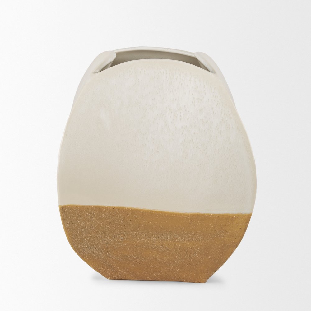 Vania Short Off White Tan Textured Ceramic Vase. Picture 3