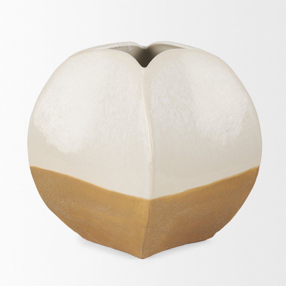 Vania Short Off White Tan Textured Ceramic Vase. Picture 4