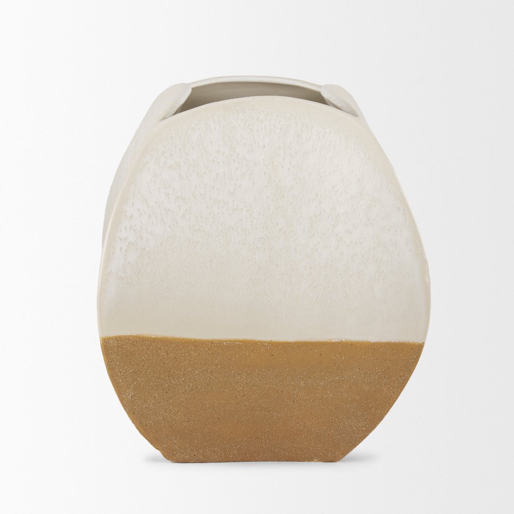 Vania Short Off White Tan Textured Ceramic Vase. Picture 5