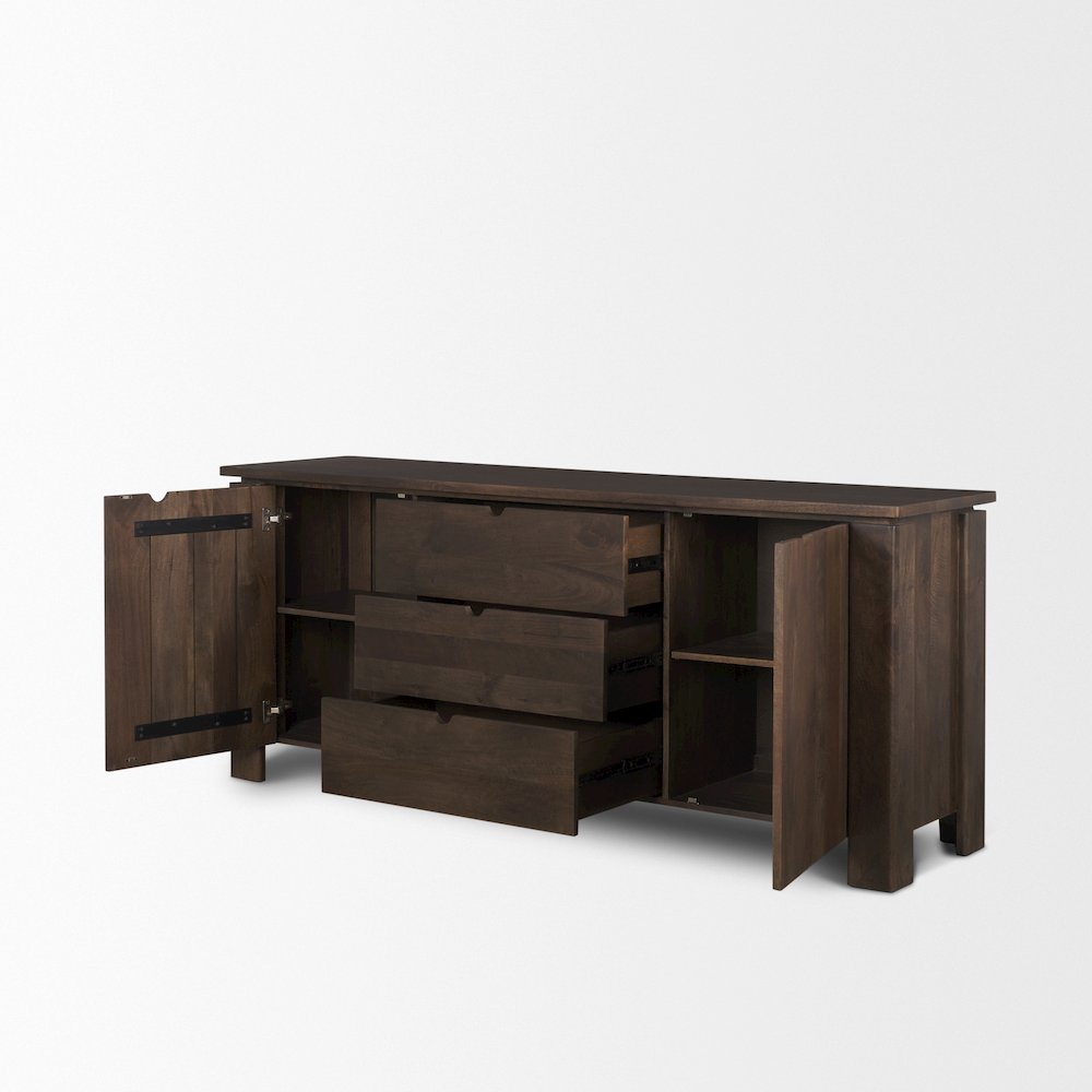 Wallen 2 Door Solid Dark Brown Wood 3 Drawers Sideboard. Picture 9