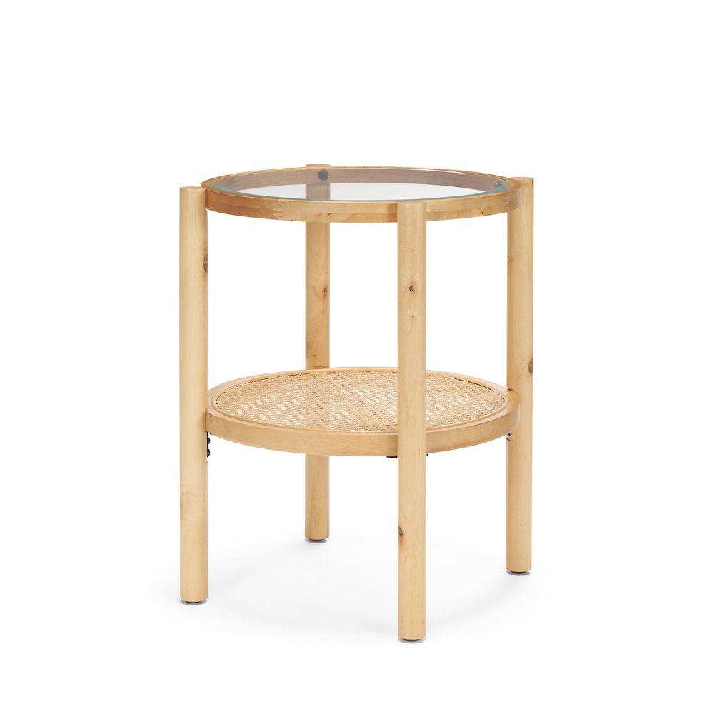 Weslyn Solid Light Brown Wood and Glass Top Cane Side Table. Picture 1