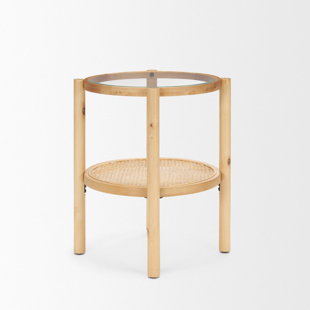 Weslyn Solid Light Brown Wood and Glass Top Cane Side Table. Picture 4