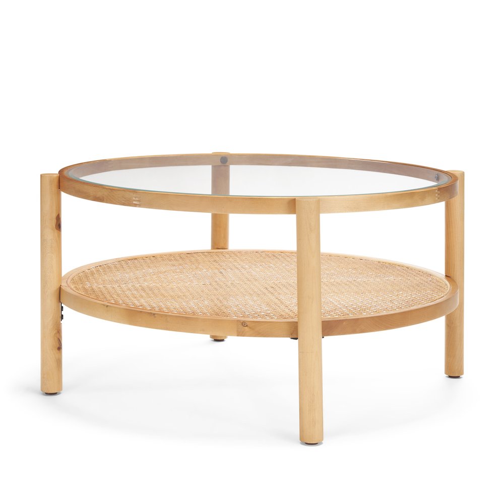 Solid Light Brown Wood And Glass Top Cane Coffee Table. Picture 1