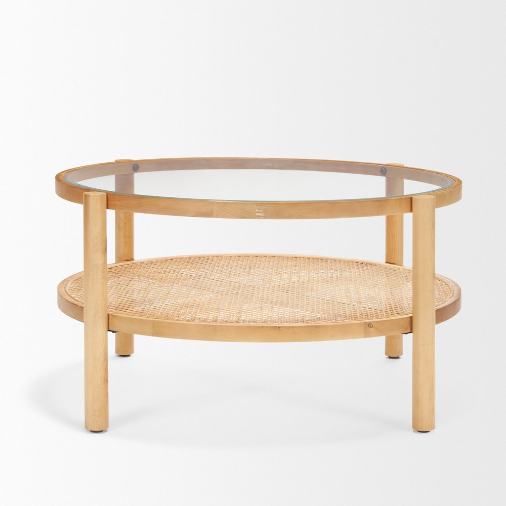 Solid Light Brown Wood And Glass Top Cane Coffee Table. Picture 3