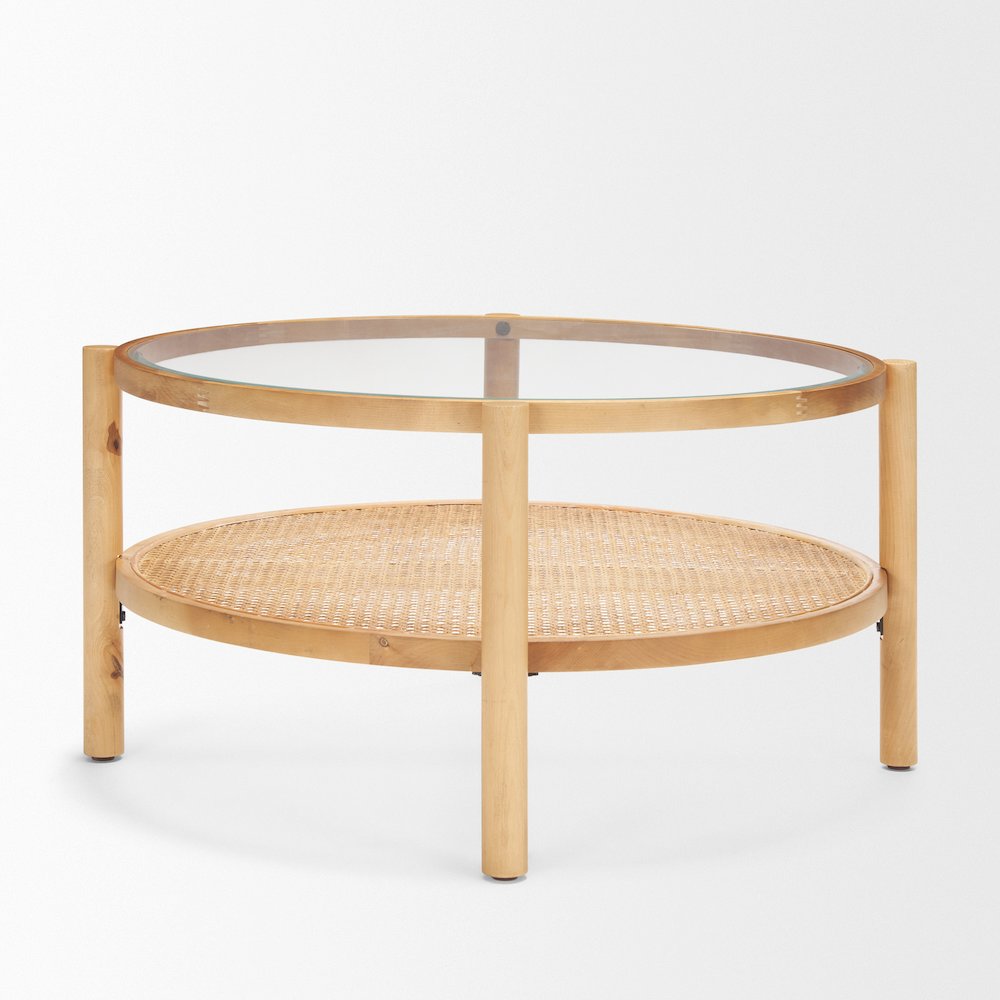Solid Light Brown Wood And Glass Top Cane Coffee Table. Picture 4