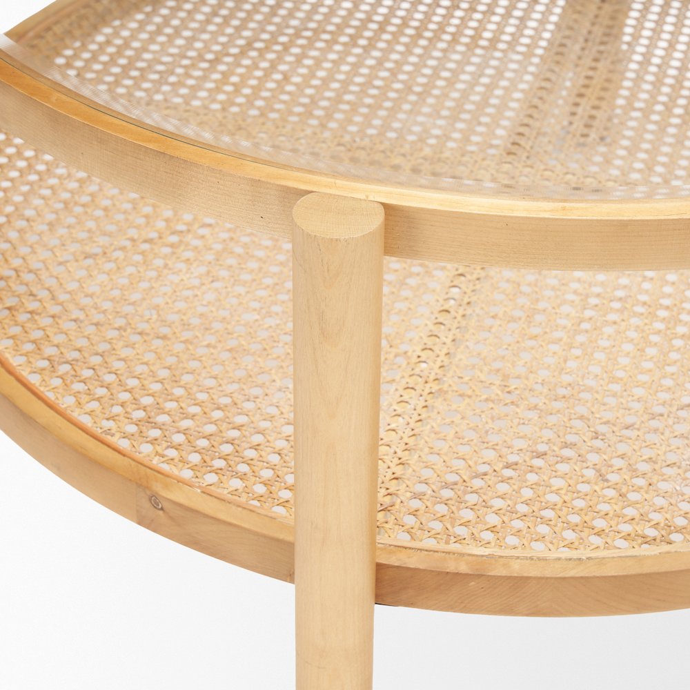 Solid Light Brown Wood And Glass Top Cane Coffee Table. Picture 7
