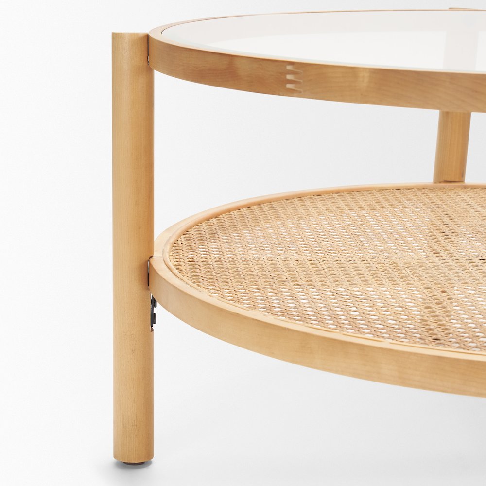 Solid Light Brown Wood And Glass Top Cane Coffee Table. Picture 8