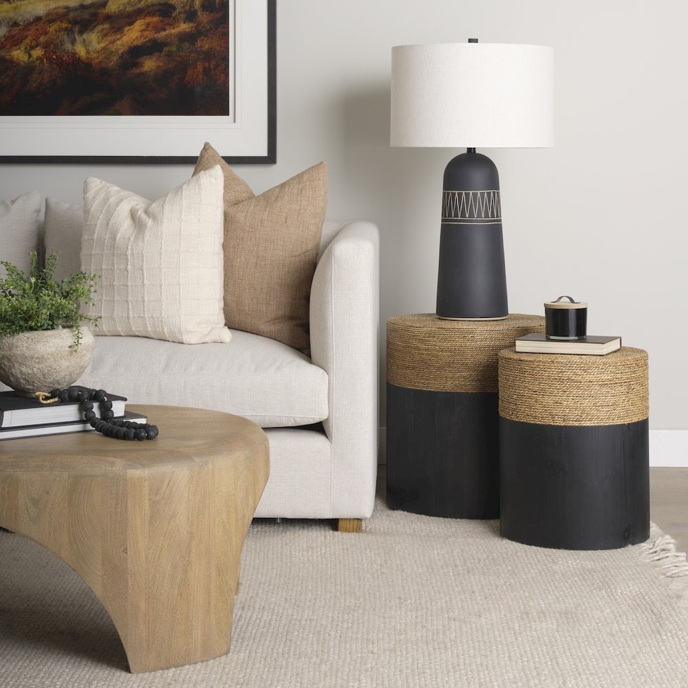 Matte Black Wood Natural Jute Accent Tables. Picture 8