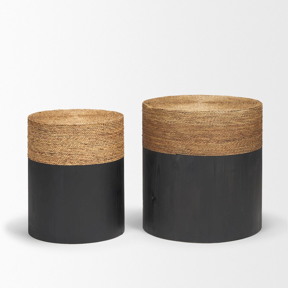 Matte Black Wood Natural Jute Accent Tables. Picture 5