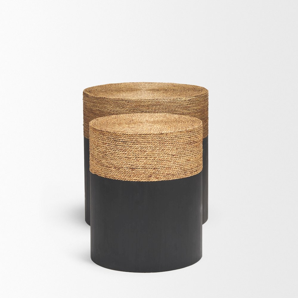 Matte Black Wood Natural Jute Accent Tables. Picture 6