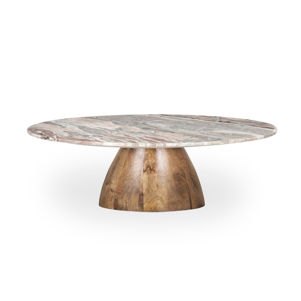 Round Medium Brown Pink Marble Pedestal Coffee Table. Picture 1
