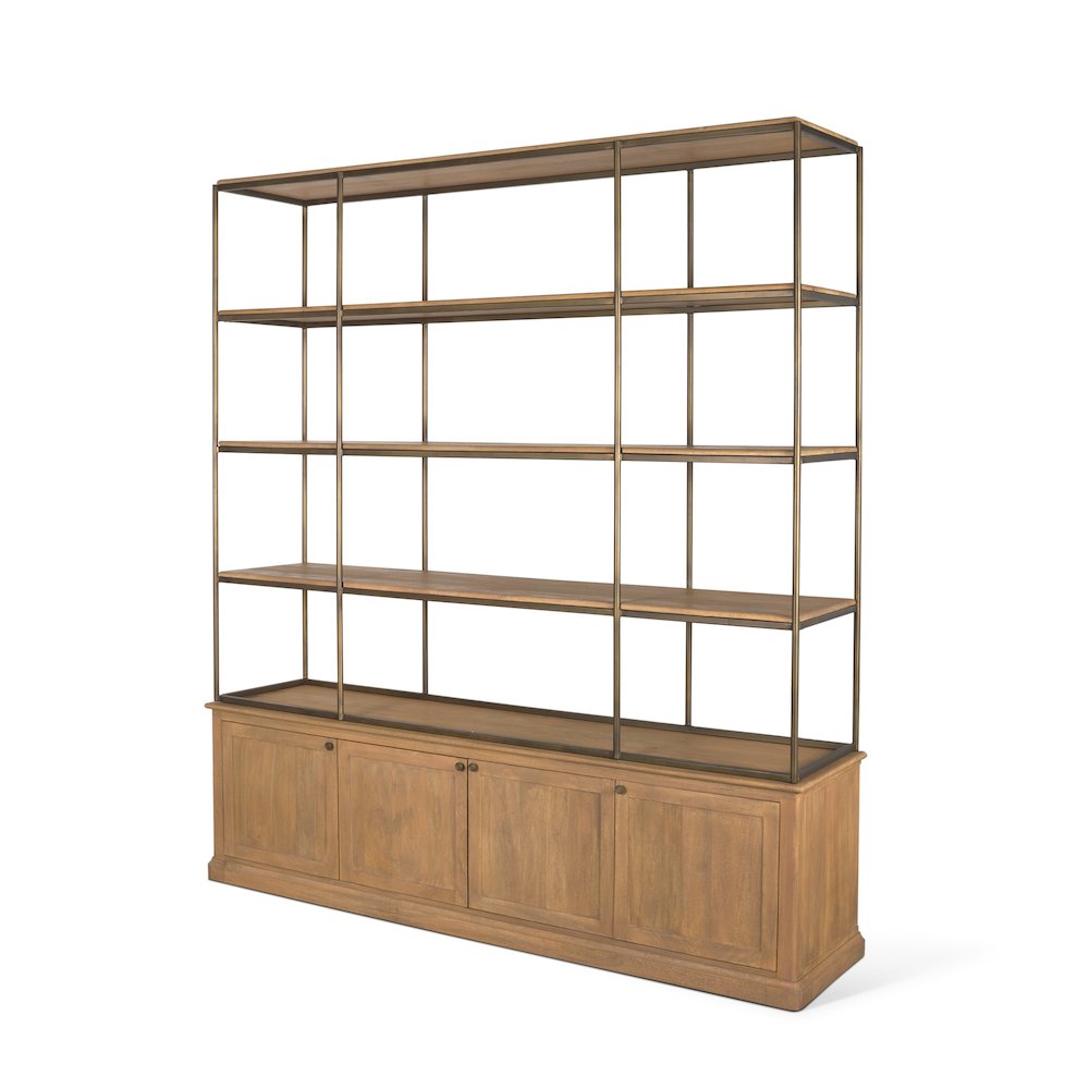 Light Brown Wood Antiqued Brass Metal 3 Tiers 2 Door Shelving Unit. Picture 1