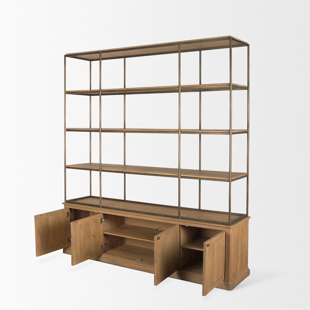 Light Brown Wood Antiqued Brass Metal 3 Tiers 2 Door Shelving Unit. Picture 2
