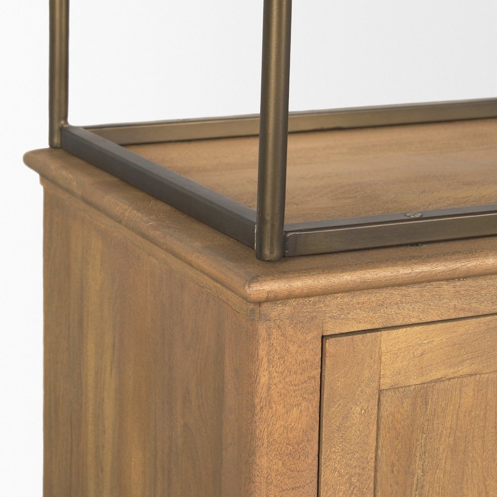 Light Brown Wood Antiqued Brass Metal 3 Tiers 2 Door Shelving Unit. Picture 6