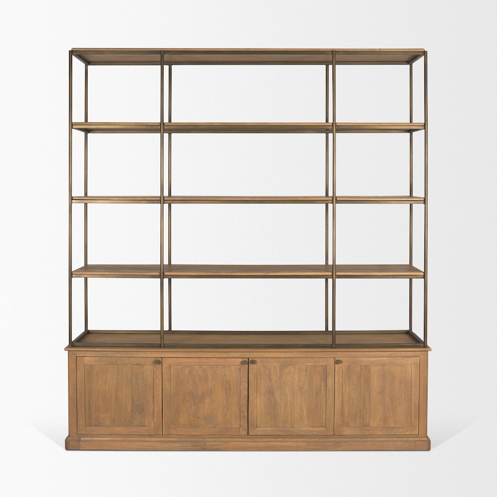 Light Brown Wood Antiqued Brass Metal 3 Tiers 2 Door Shelving Unit. Picture 12