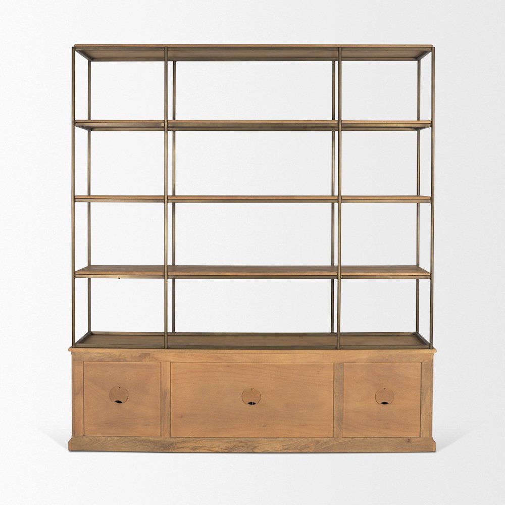 Light Brown Wood Antiqued Brass Metal 3 Tiers 2 Door Shelving Unit. Picture 14