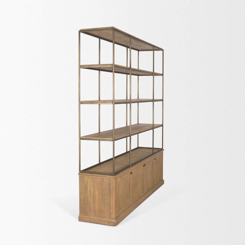Light Brown Wood Antiqued Brass Metal 3 Tiers 2 Door Shelving Unit. Picture 15