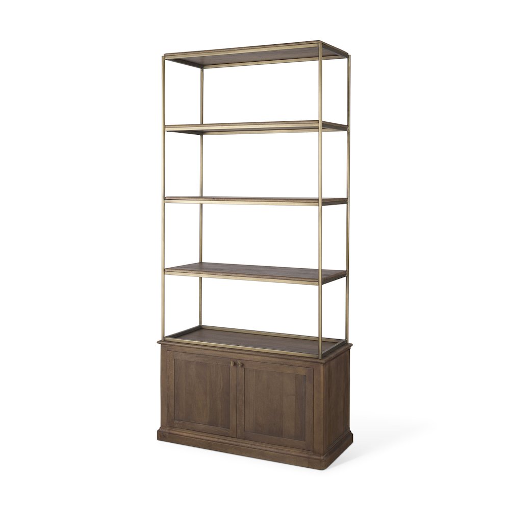 Dark Brown Wood Antiqued Aged Brass Metal 3 Tiers 2 Door Shelving Unit. Picture 1