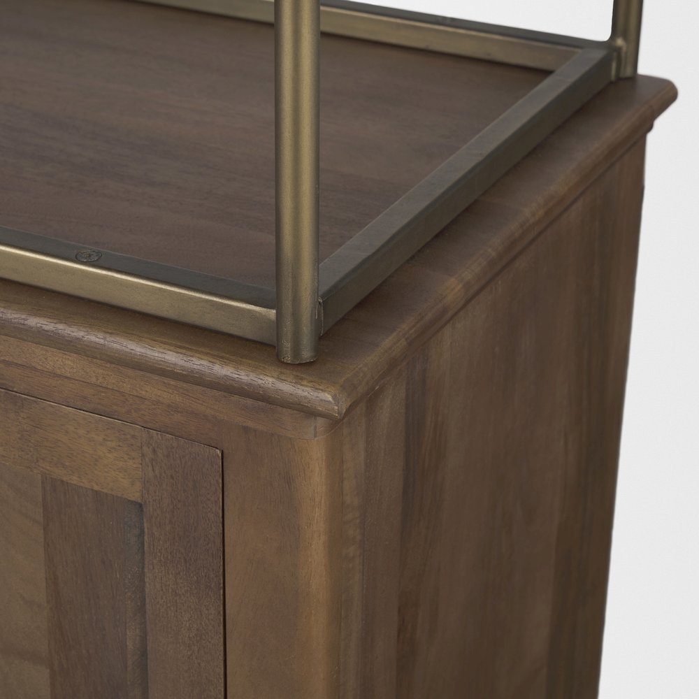 Dark Brown Wood Antiqued Aged Brass Metal 3 Tiers 2 Door Shelving Unit. Picture 2