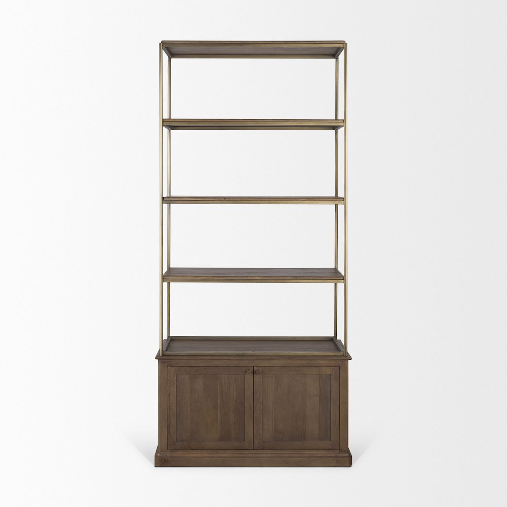 Dark Brown Wood Antiqued Aged Brass Metal 3 Tiers 2 Door Shelving Unit. Picture 8
