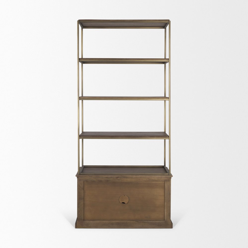 Dark Brown Wood Antiqued Aged Brass Metal 3 Tiers 2 Door Shelving Unit. Picture 10