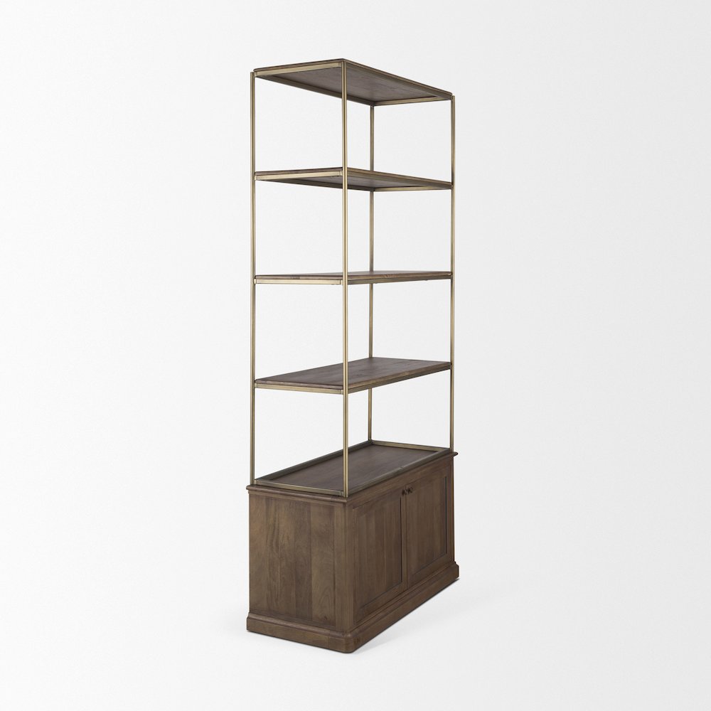 Dark Brown Wood Antiqued Aged Brass Metal 3 Tiers 2 Door Shelving Unit. Picture 11
