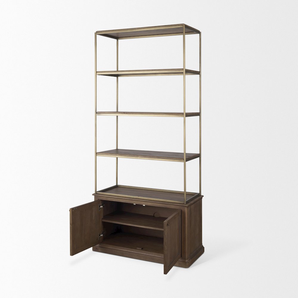 Dark Brown Wood Antiqued Aged Brass Metal 3 Tiers 2 Door Shelving Unit. Picture 12