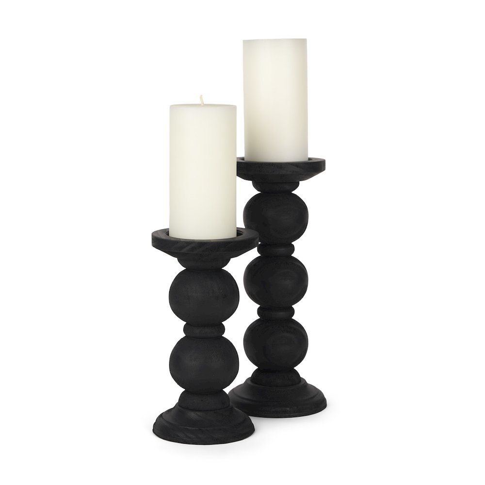 Wanda Matte Black Wood Pillar Candle Holders (Set of 2). Picture 1