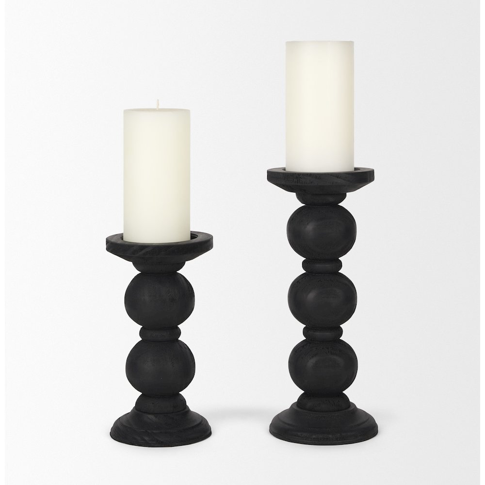 Wanda Matte Black Wood Pillar Candle Holders (Set of 2). Picture 3