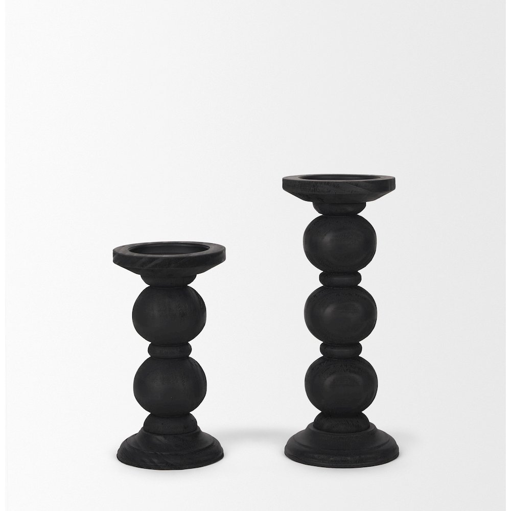 Wanda Matte Black Wood Pillar Candle Holders (Set of 2). Picture 4