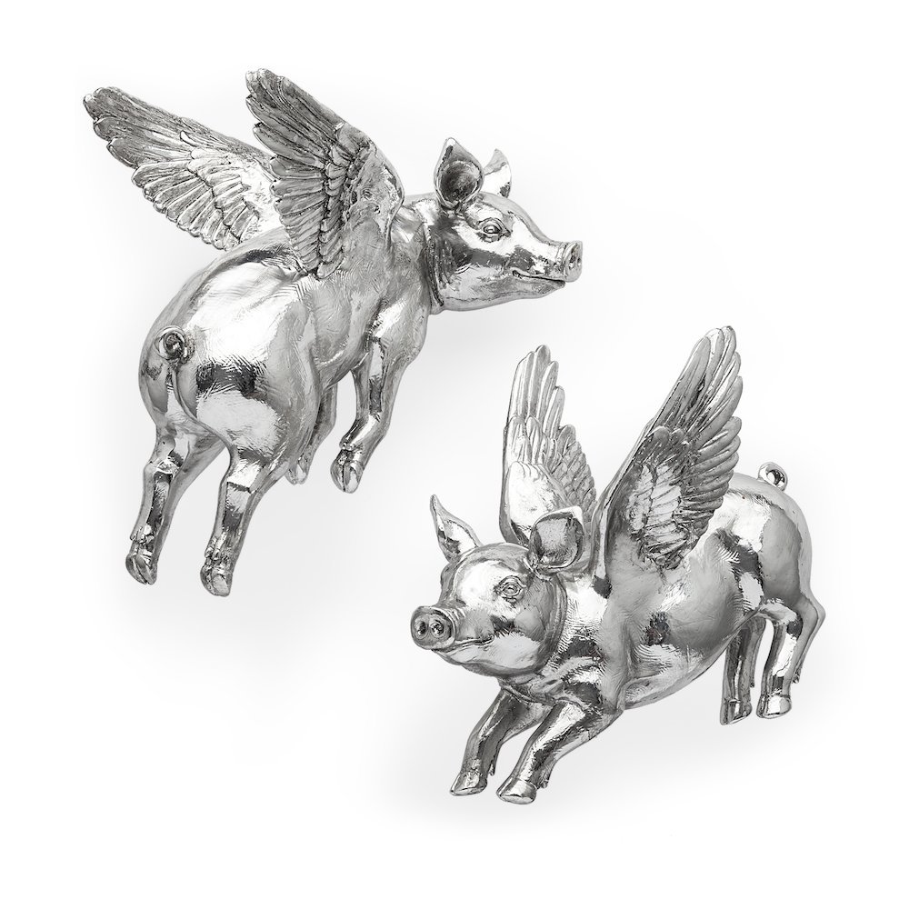 Hogbadi Set of 2 Silver Flying Pigs. Picture 1