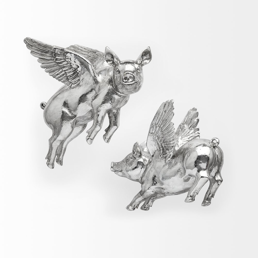 Hogbadi Set of 2 Silver Flying Pigs. Picture 2