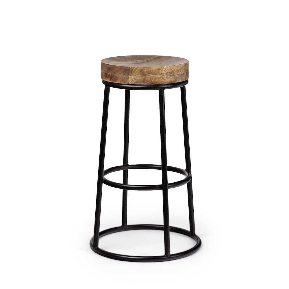 Flynn 26.25" Seat Height Brown Wood Seat Black Metal Frame Stool. Picture 1