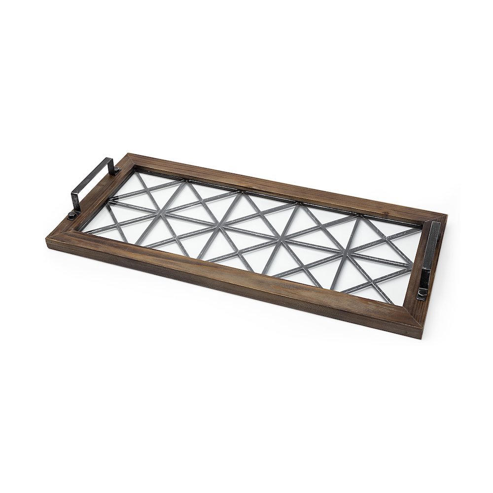 Ellingson 28L x 13W Black Rectangular Metal Glass Wood Bottom Tray. Picture 1